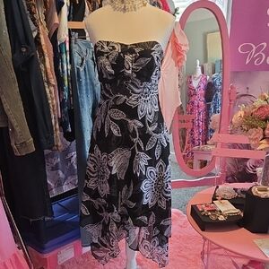 White House Black Market Elegant Black and White Floral Print Dress.
